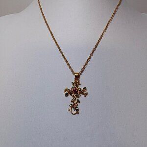 Gold Tone Cross Pendant Necklace Pink Rhinestone Green Leaves Chain 18.5 - 20 in
